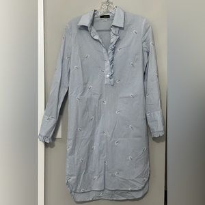 XS Renuar Shirt dress- Blue & white pinstripes with dandelion